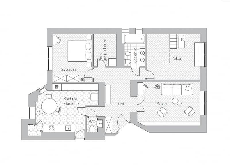 Plan mieszkania - 105 m2 w Warszawie, projekt Patrycja Suszek-Rączkowska/Poco Design Plan mieszkania - 105 m2 w Warszawie, projekt Patrycja Suszek-Rączkowska/Poco Design