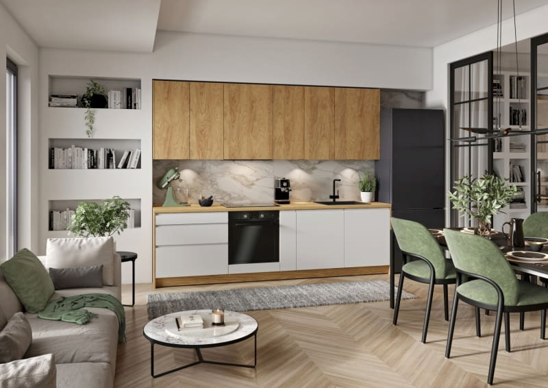 Kuchnia KAMmono biały mleczny mat i dąb hikora