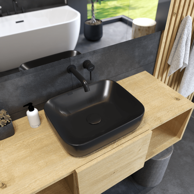 Czarna umywalka nablatowa sprawdzi się we wnętrzach zarówno w stylu miejskim, nowoczesnym, skandynawskim, minimalistycznym, jak i industrialnym, loftowym czy nawet retro, Oltens Hamnes
