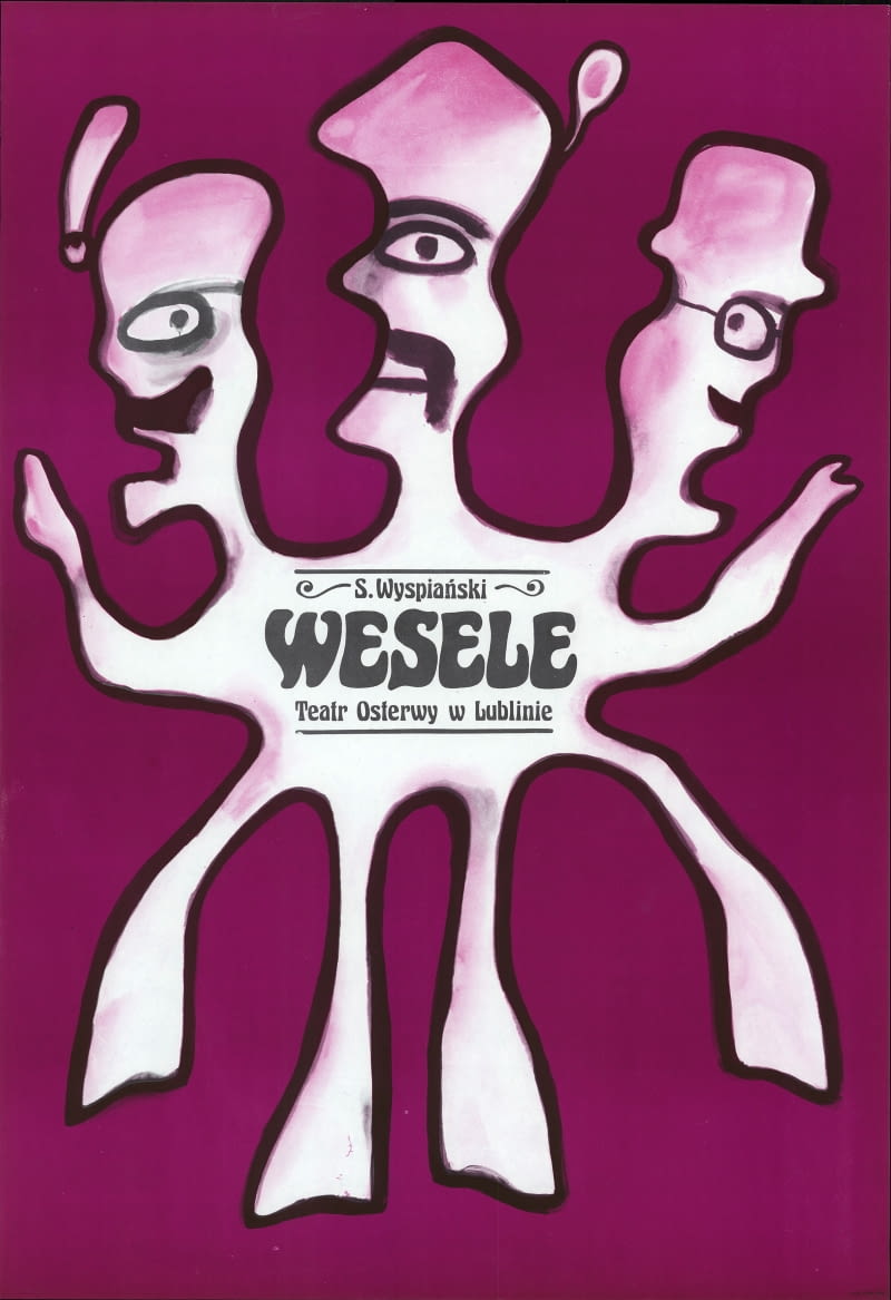 Wydrukowany w 1974 r. oryginalny plakat do spektaklu „Wesele” w Teatrze Osterwy w Lublinie.