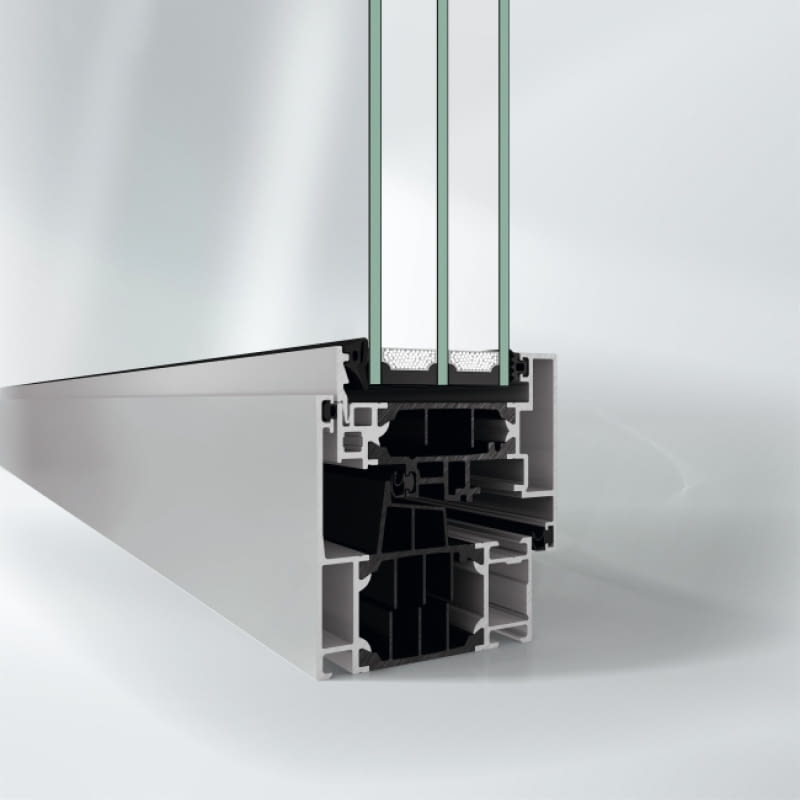 Przekrój przez okno blokowe Schüco AW CT 72 BS z ukrytym skrzydłem