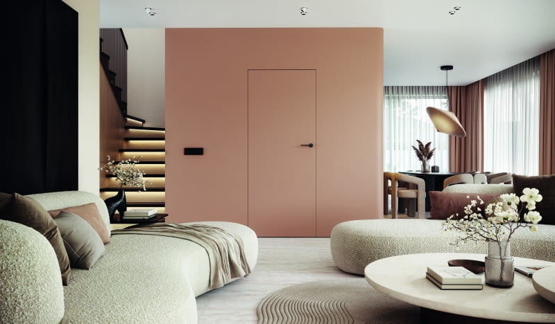 W drzwiach z ościeżnicą ukrytą w ścianie widoczne jest tylko skrzydło. Gdyby nie klamka i bardzo cienka szczelina je okalająca, wejścia w ogóle nie byłoby widać. Właśnie dlatego takie rozwiązanie nazywa się drzwiami ukrytymi lub dyskretnymi.