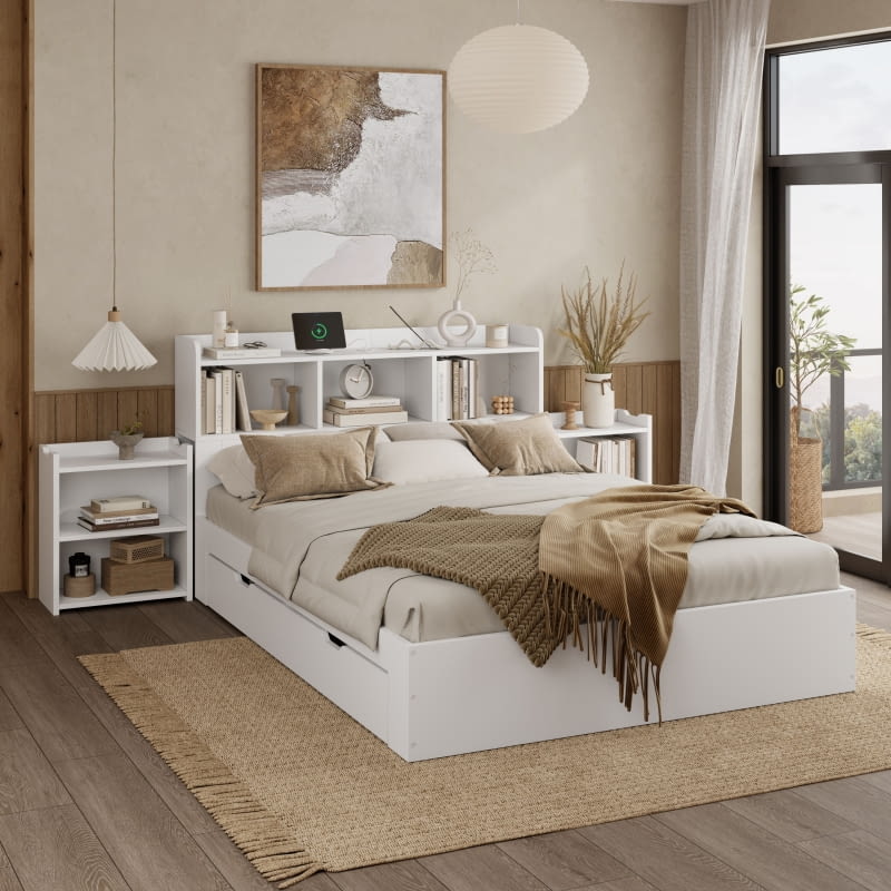 Łóżko podwójne 140x200cm - z 2 przesuwanymi szafkami nocnymi - z ładowaniem bezprzewodowym typu C - z 4 szufladami - biały Łóżko podwójne 140x200cm - z 2 przesuwanymi szafkami nocnymi - z ładowaniem bezprzewodowym typu C - z 4 szufladami - biały
