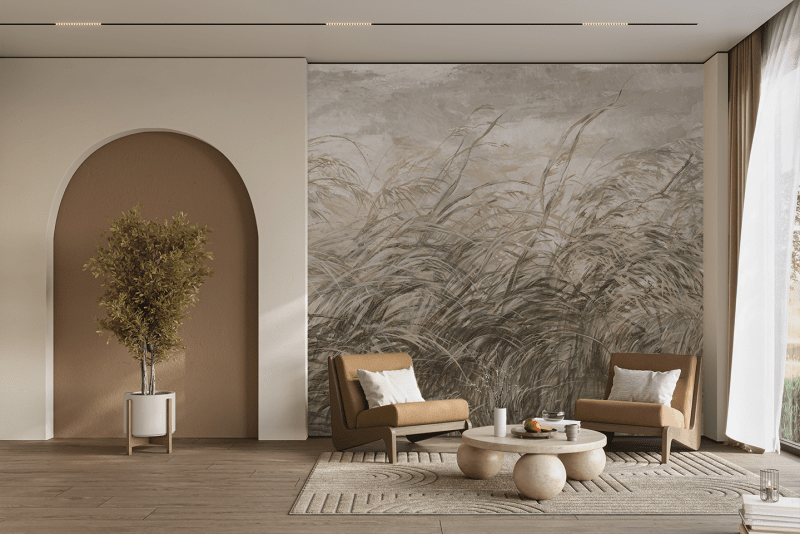 Fototapeta z motywem falujących traw wydziela przytulny zakątek wypoczynkowy.