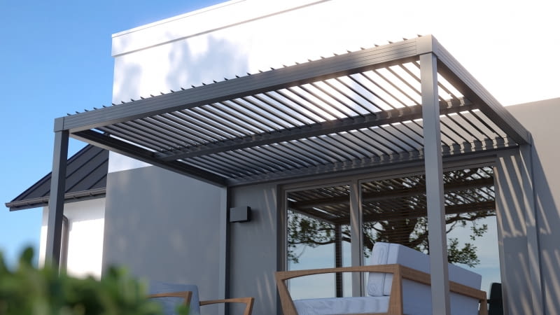 Nowoczesna, aluminiowa pergola tarasowa z lamelami pasuje do elewacji domu Nowoczesna, aluminiowa pergola tarasowa z lamelami pasuje do elewacji domu