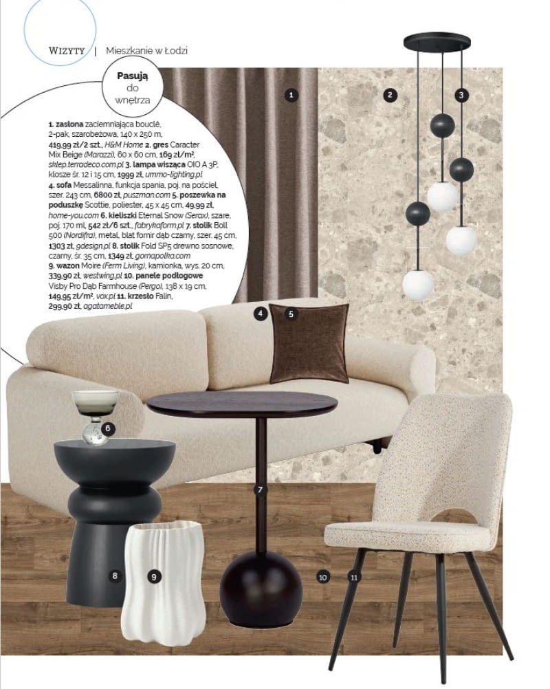 Meble i dodatki pasujące do prezentowanych wnętrz
