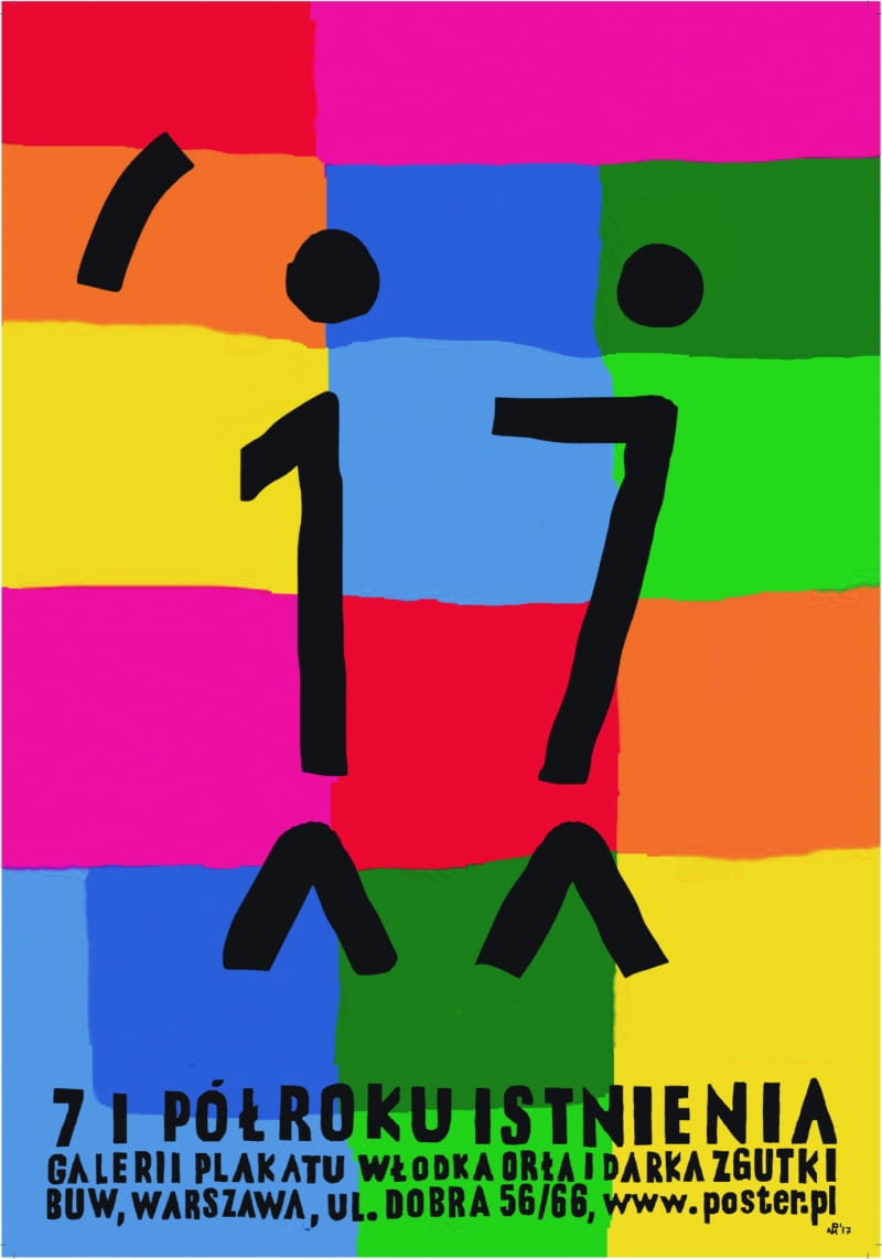 Piotr Młodożeniec. W kategorii plakatu upamiętniającego w 2017 r. artysta zaprojektował grafikę „7 i pół roku Galerii Plakatu Włodka Orla i Darka Zgutki”. Plakat dostępny w poster.pl, 75 zł, w formacie B1 (ok. 98 x 68 cm).