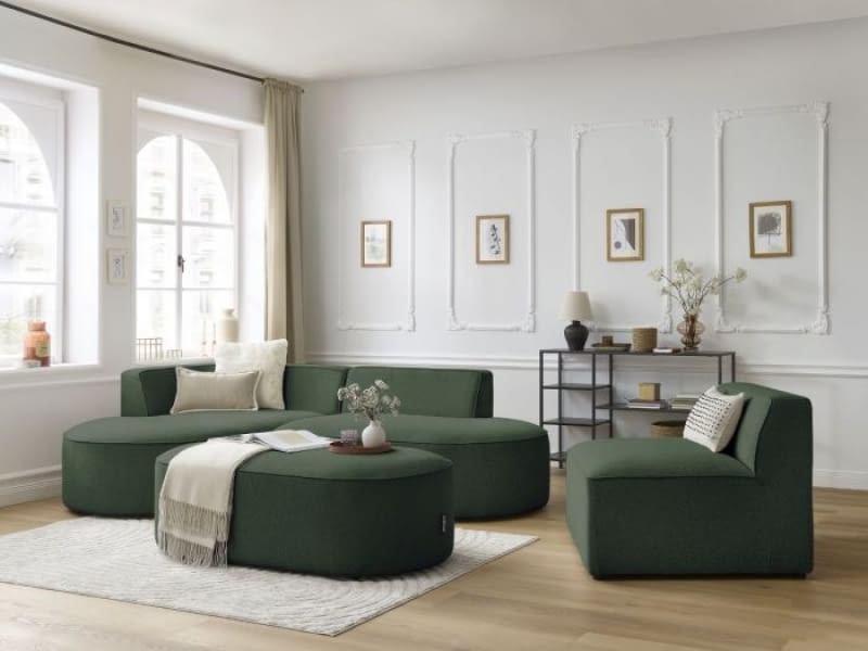 Modułowa sofa narożna ROUSSEAU w cętkowanej tkaninie z 1 siedziskiem i 1 podnóżkiem Modułowa sofa narożna ROUSSEAU w cętkowanej tkaninie z 1 siedziskiem i 1 podnóżkiem