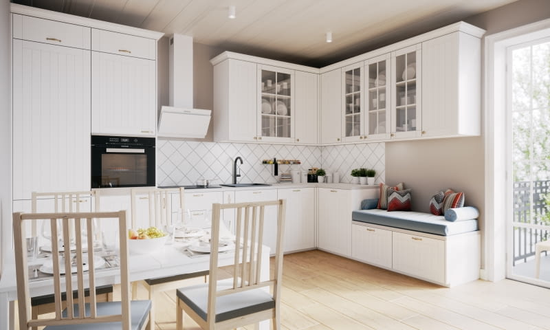 Festiwal jasnych barw i naturalnych materiałów – dominująca biel potęguje wrażenie przestronności i stanowi dobre tło dla wyposażenia w ciemnym kolorze.