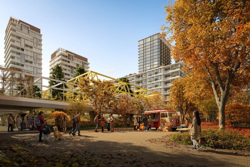 Ogrody Towarowa. Widok na Ogród Halę i jesienną aleję z patio AFI Office House Ogrody Towarowa. Widok na Ogród Halę i jesienną aleję z patio AFI Office House