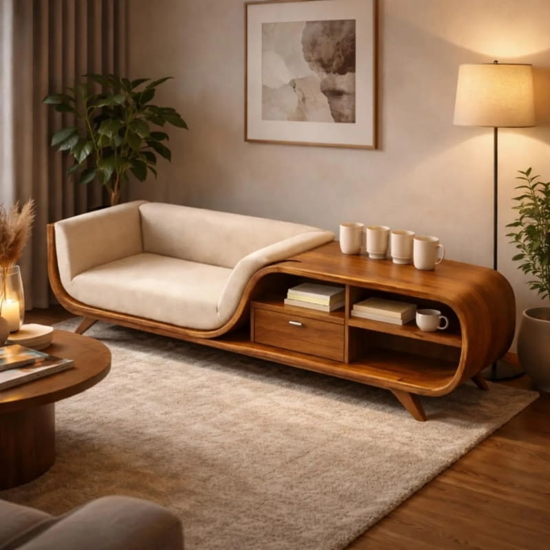 Sofa z litego drewna w stylu Mid Century Modern z półkami do przechowywania
