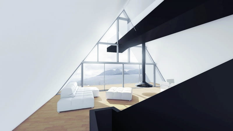 Głęboka i bezkompromisowa czerń konstrukcji szlaku górskiego wyraziście kontrastuje z bielą ścian, ślusarki okiennej i wyposażenia wnętrz, jakby podkreślając kierunek „wspinaczki” Głęboka i bezkompromisowa czerń konstrukcji szlaku górskiego wyraziście kontrastuje z bielą ścian, ślusarki okiennej i wyposażenia wnętrz, jakby podkreślając kierunek „wspinaczki”