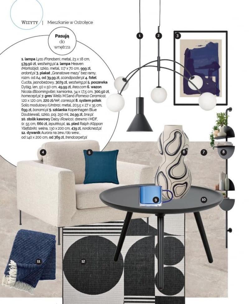 Meble i dodatki pasujące do prezentowanych wnętrz