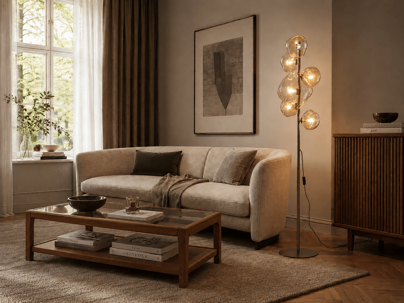 Lampa podłogowa Nebia New Brown przyciąga uwagę organiczną formą kloszy. Ciepły, koniakowy odcień szkła podkreśla naturalny, elegancki charakter kolekcji, a rozpraszane przez nie światło buduje we wnętrzu przytulną atmosferę.