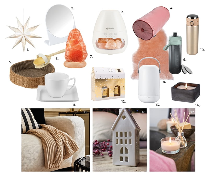 1. Gwiazda podświetlana 75 cm wisząca 109,00 zł, kod 82680013 2. Lusterko kosmetyczne 28,90 zł, kod 82659364 3. Nawilżacz powietrza biały LED 179,00 zł, kod 92726268 4. Poduszka wałek 42 x 20 cm 59,90 zł, kod 90171540 5. Legowisko, kosz dla psa, kota rattan 40 x 35 cm 79,99 zł, kod 90667093 6. Szczotka do mycia ciała 25,99 zł, kod 82506025 7. Lampa stołowa Joni 109,00 zł, kod 84307650 8. Dywan sztuczna skóra owcy 50 x 70 cm 59,99 zł, kod 85079498 9. Butelka f iltrująca wodę 0.6 l Brita 49,99 zł, kod 92023203 10. Kubek termiczny z wyświetlaczem LED 44,99 zł, kod 86369068 11. Komplet kawowy Monaco 12 elementów 179,00 zł, kod 84277835 12. Zestaw świąteczny dyfuzor zapachowy ze świecą cynamon-pomarańcza 44,99 zł, kod 85622844 13. Lampa przenośna RGBW 449,00 zł, kod 86671314 14. Świeca LED kwadratowa wys. 7 cm mix kolorów 26,99 zł, kod 90843670 15. Koc prążek 130 x 170 cm Inspire 59,99, kod 90039504 16. Domek ceramiczny 17cm LED 39,99 zł, kod 88691257 17. Świeca zapachowa w szkle True Scents wanilia 10,88 zł, kod 82370047