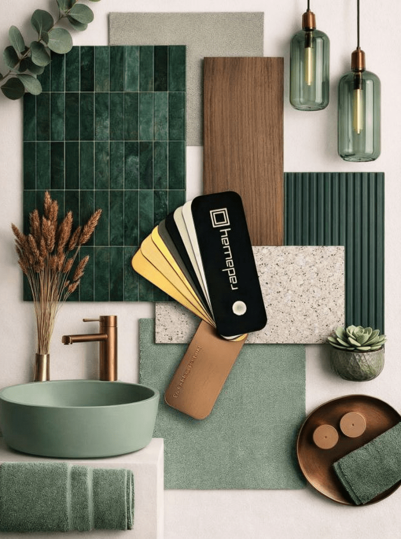 Moodboard do wnętrza z kabiną Radaway NES Brushed Cooper