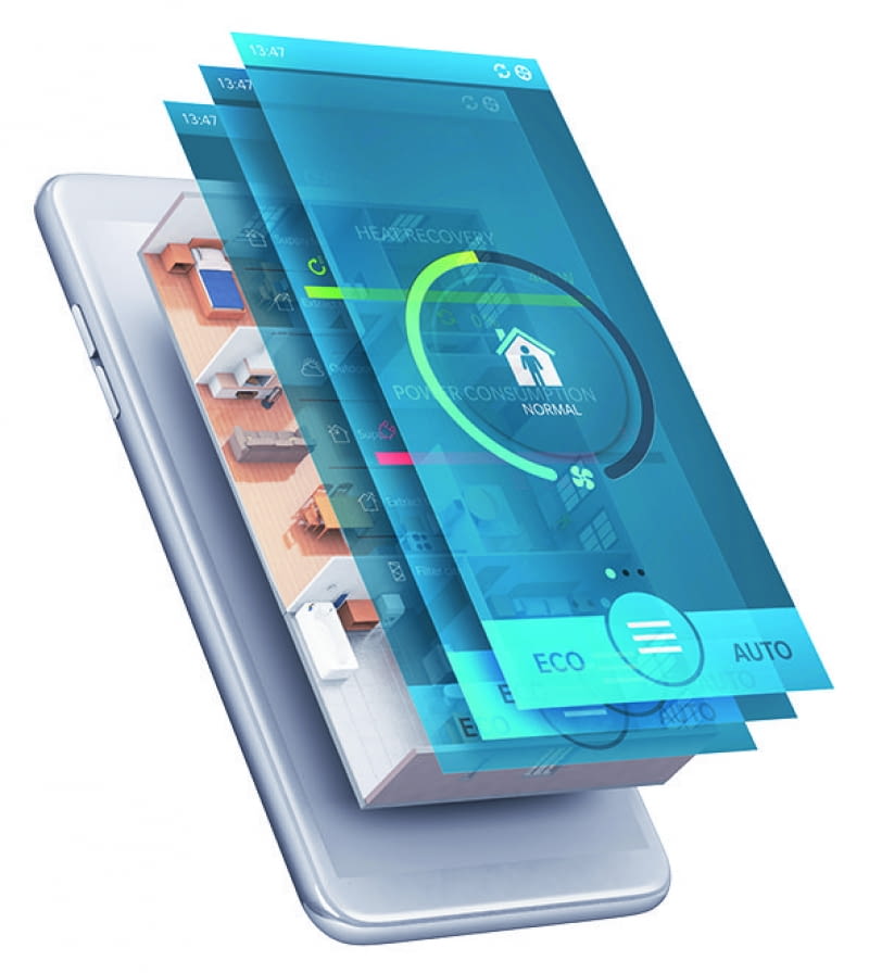 Sterować systemem rekuperacji możemy zarówno z panelu sterowania, jak i zdalnie za pomocą aplikacji dostępnej na smartfonie