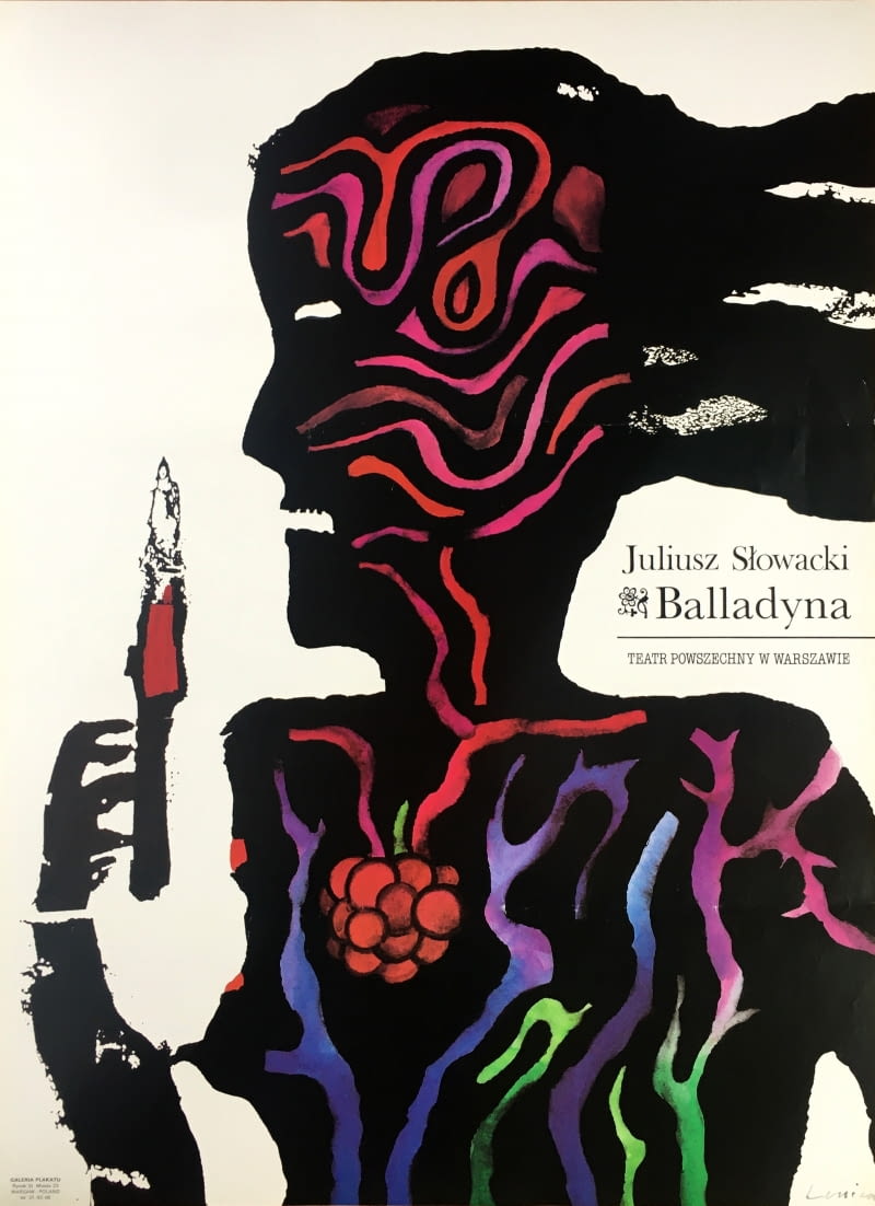 Pierwodruk plakatu teatralnego z 1994 r. do przedstawienia „Balladyna” Juliusza Słowackiego. Sztukę wystawiano w Teatrze Powszechnym w Warszawie.