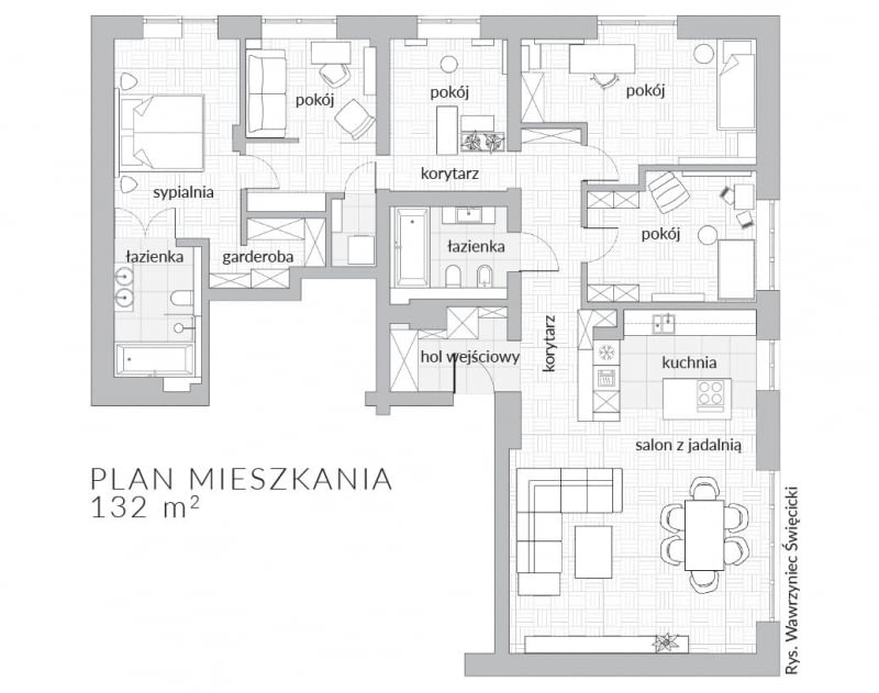Najważniejszym zadaniem architektki Katarzyny Denst było sprytne połączenie dwóch mieszkań w estetycznie spójną całość i jednocześnie wydzielenie odpowiedniej ilości potrzebnych pomieszczeń. Ukoronowaniem funkcjonalnie rozplanowanej przestrzeni jest salon z otwartą kuchnią. Reprezentacyjny pokój dzienny jest podzielony na wygodne strefy, w których rodzina gotuje, biesiaduje i odpoczywa.