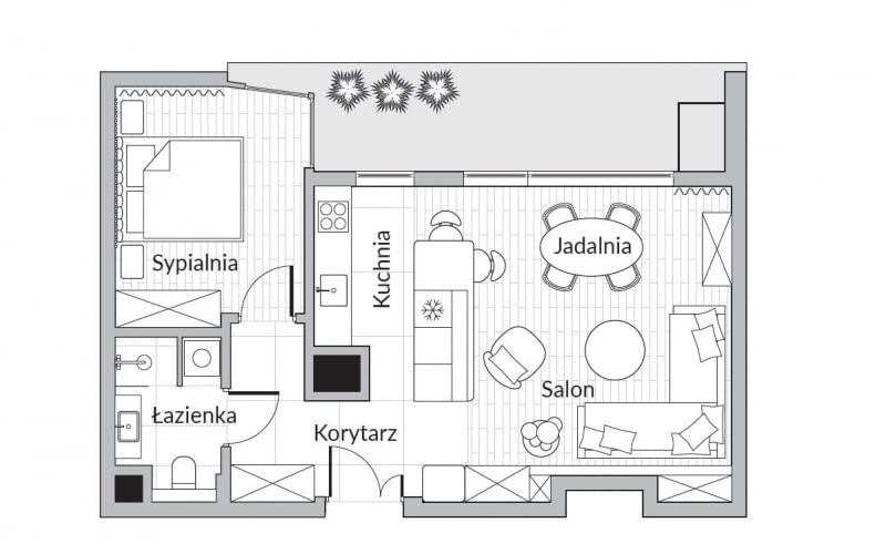 Rzut mieszkania 55 m2, projekt Aldona Banasiuk-Suchorzewska Rzut mieszkania 55 m2, projekt Aldona Banasiuk-Suchorzewska
