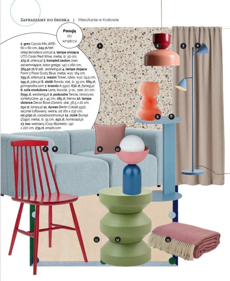 Meble i dodatki pasujące do prezentowanych wnętrz