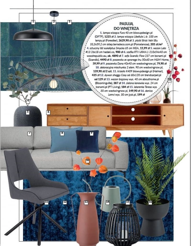 Meble i dodatki pasujące do prezentowanych wnętrz