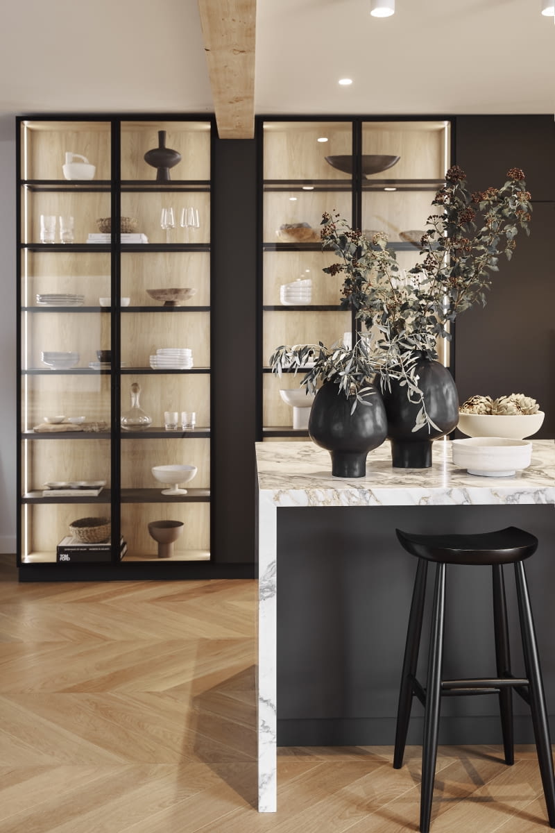 Podświetlone witryny kuchenne tworzą niezwykłą, bardzo dekoracyjną scenerię.