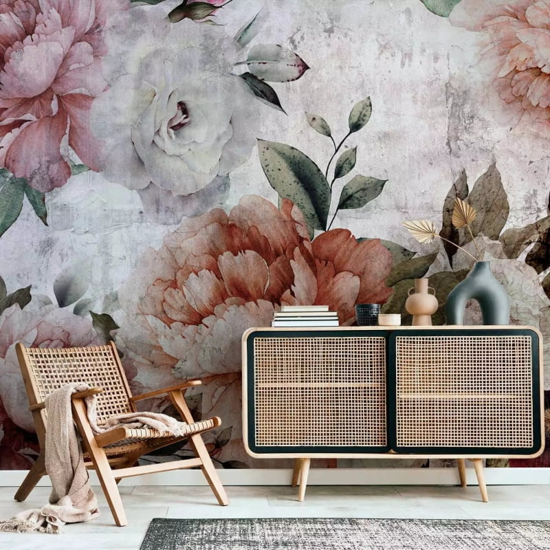 Fototapeta Zapach kwiatów - kolorowy motyw kwiatów na białym tle w stylu retro Fototapeta Zapach kwiatów - kolorowy motyw kwiatów na białym tle w stylu retro