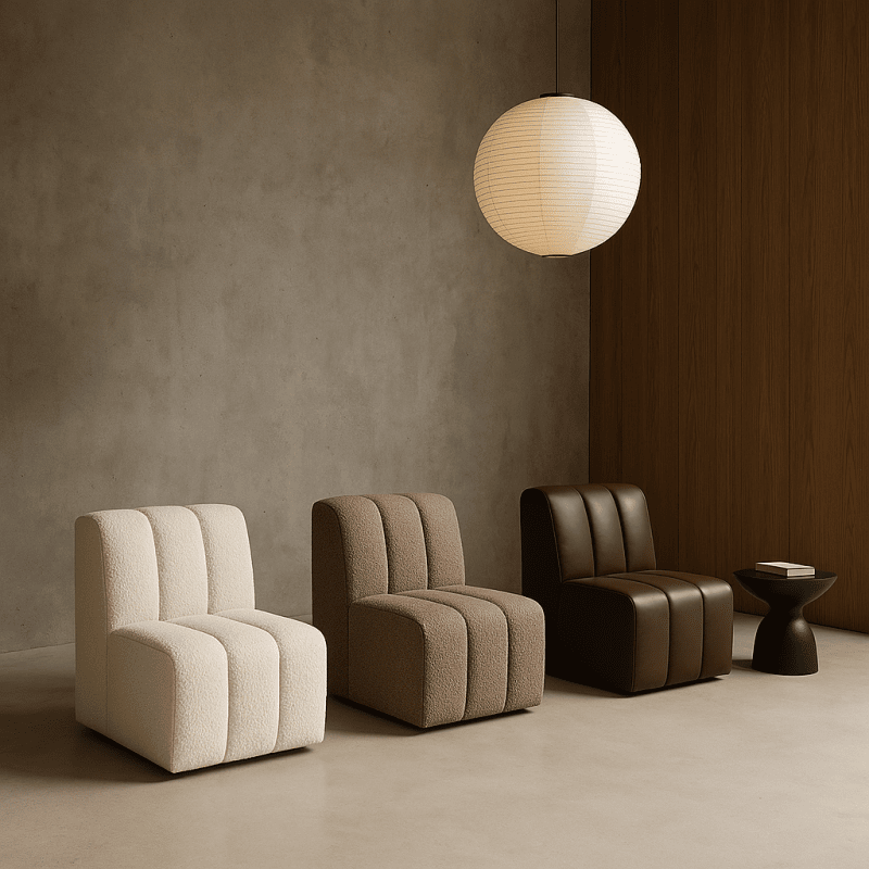 Ciekawym pomysłem jest wybór tych samych modeli foteli, ale w różnej kolorystyce. Tutaj ustawione od beżu po ciemny brąz tworzą efekt ombre.