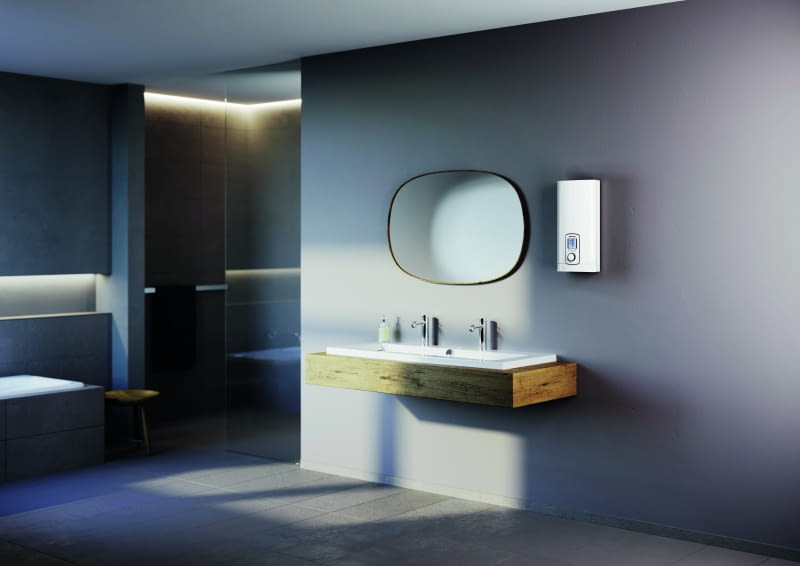 Ten model wielopunktowego elektronicznego podgrzewacza przepływowego dostarcza  nieprzerwanie ciepłą wodę o dokładnie takiej temperaturze, jaka została nastawiona