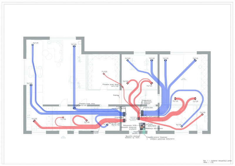 Niezależnie, czy mówimy o domu nowym, czy modernizowanym, dobry projekt wentylacji mechanicznej to podstawa. Na rzutach będą m.in. zaznaczone trasy prowadzenia kanałów, rozmieszczenie anemostatów, a także miejsce przeznaczone na montaż rekuperatora