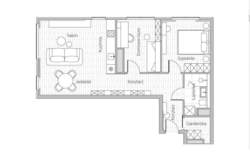 Rzut mieszkania - 68 m2 w Łodzi, projekt wnętrz: Pracownia Projektowa Joanna Fibich