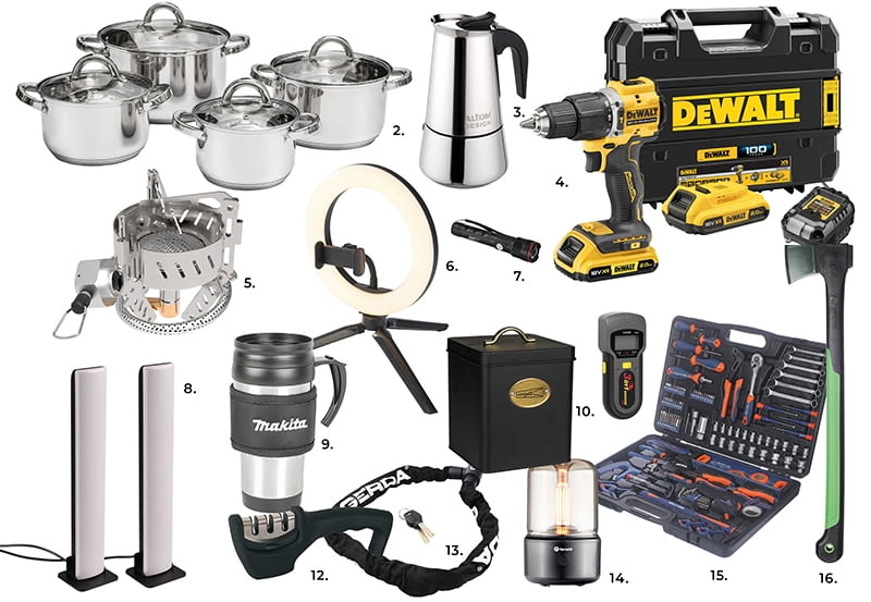 2. Zestaw garnków ze stali nierdzewnej 8 elementów 285,00 zł, kod 84277843 3. Kawiarka stalowa 200 ml Altom Design 64,99 zł, kod 92202925 4. Wiertarko - wkrętarka akumulatorowa udarowa 18V DEWALT 699,00 zł, kod 90892838 5. Kuchenka turystyczna na nabój gazowy 79,00 zł, kod 87195708 6. Lampa self ie ring czarny LED 129,00 zł, kod 83028632 7. Latarka LED 5W z zoom i ładowarką 129,00 zł, kod 45957975 8. Lampka biurkowa Gamer czarna RGB USB 2 x LED 99,99 zł, kod 91478937 9. Kubek termiczny z uchwytem E-15578 Makita 64,00 zł, kod 84798076 10. Organizer łazienkowy 36,88 zł, kod 82772935 11. Detektor wielofunkcyjny DM-2 Virone 109,00 zł, kod 85881738 12. Ostrzałka do noży wielofunkcyjna 57,99 zł, kod 86406443 13. Zabezpieczenie rowerowe na klucz 900/6V Gerda 41,49 zł, kod 84386625 14. Nawilżacz powietrza z dyfuzorem zapachowym 7W 69,99 zł, kod 89993741 15. Zestaw narzędzi ręcznych 108 szt. Dexter 299,00 zł, kod 45852261 16. Siekiera rozłupująca Geolia 139,00 zł, kod 81966078