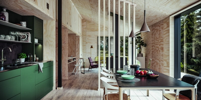 Ażurowa ścianka z wąskich lameli z jednej strony wyznacza granice pomiędzy strefami, z drugiej stanowi tło dla kominka umieszczonego w salonie.