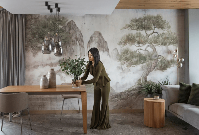 Tapeta oliwkowa na ścianę do salonu - naturalna harmonia w ciepłych tonach