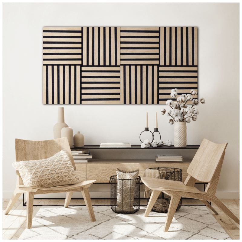 Drewniane panele akustyczne nie tylko tłumią pogłos w pomieszczeniu, ale też stanowią przyjemny akcent dekoracyjny.