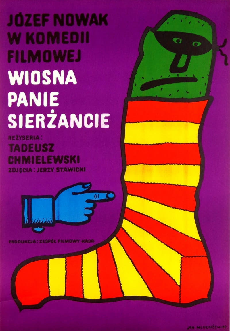 Plakat z 1974 r. do kultowej komedii filmowej Tadeusza Chmielewskiego „Wiosna panie sierżancie” z Józefem Nowakiem.