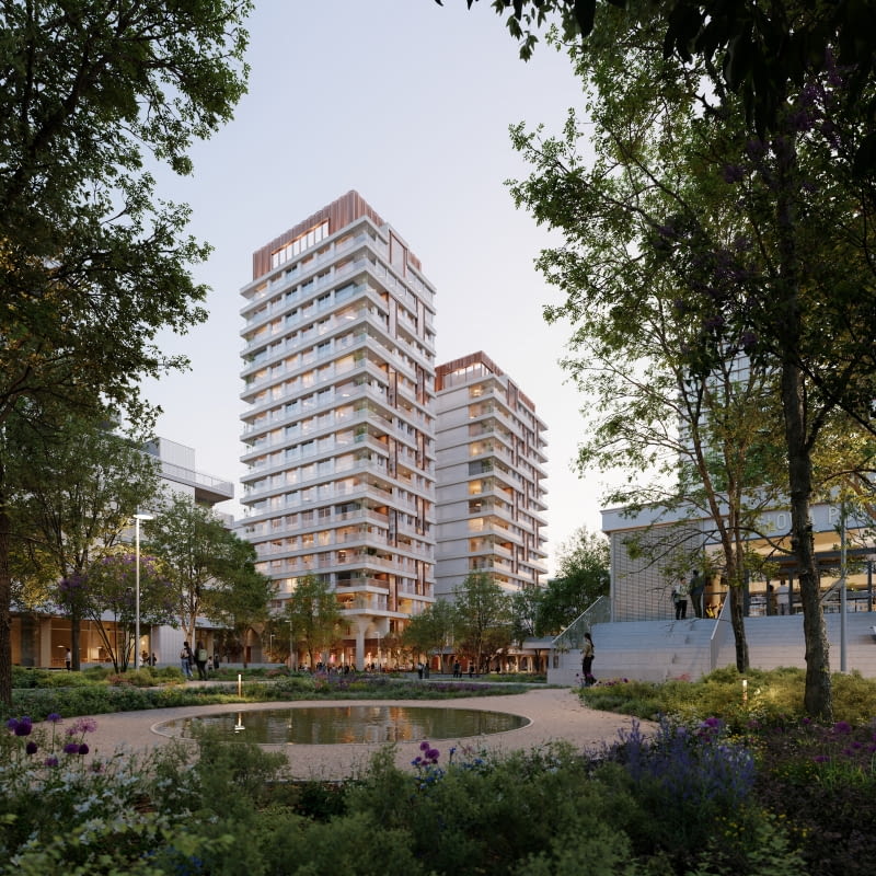 Towarowa 22: Apartamenty Gutenberga. Proj. JEMS Architekci. Wieże od strony parku Towarowa 22: Apartamenty Gutenberga. Proj. JEMS Architekci. Wieże od strony parku