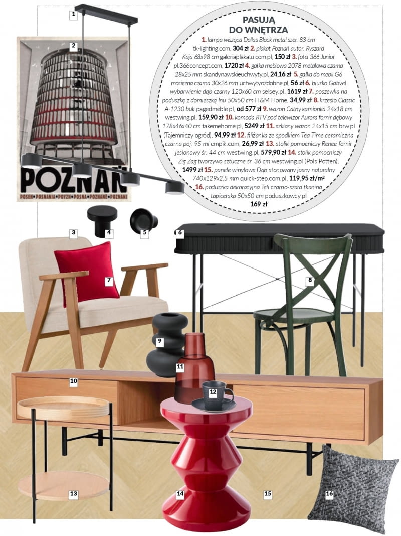 Meble i dodatki pasujące do prezentowanych wnętrz