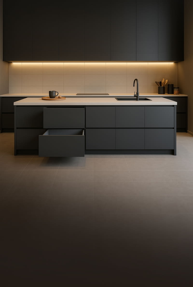 Jeśli szuflady mają się wysuwać od strony salonu, ich wygląd nie może być przypadkowy. Rezygnacja z uchwytów to trend, który zapewnia spójny wygląd wyspy.