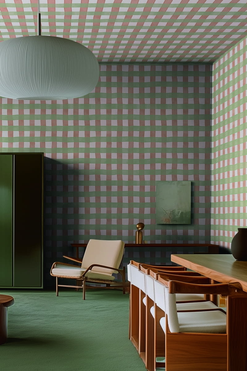 Prosty wzór kratki w delikatnych odcieniach różu i przygaszonej zieleni na tapecie Gingham Pink. Idealny do każdego pomieszczenia, które wymaga odrobiny klasycznego designu z nowoczesnym akcentem.