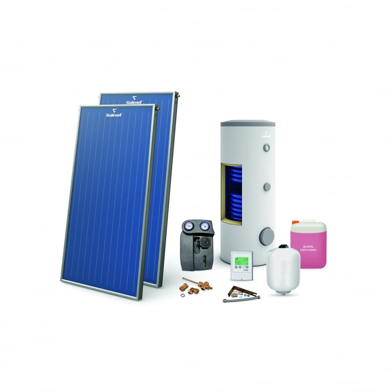 Wiele firm oferuje gotowe zestawy solarne składające się z elementów dostosowanych do potrzeb inwestorów. Mogą one zawierać np. dwa kolektory, zasobnik oraz dodatkowo grupę pompową, moduł sterujący, komplet przyłączeniowy z instalacją, naczynie wyrównawcze i glik