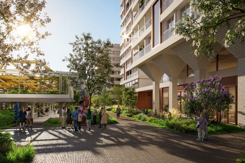 Ogrody Towarowa. Widok na wejście do Ogrodu Hala, aleję sztuki i Apartamenty Gutenberga Ogrody Towarowa. Widok na wejście do Ogrodu Hala, aleję sztuki i Apartamenty Gutenberga