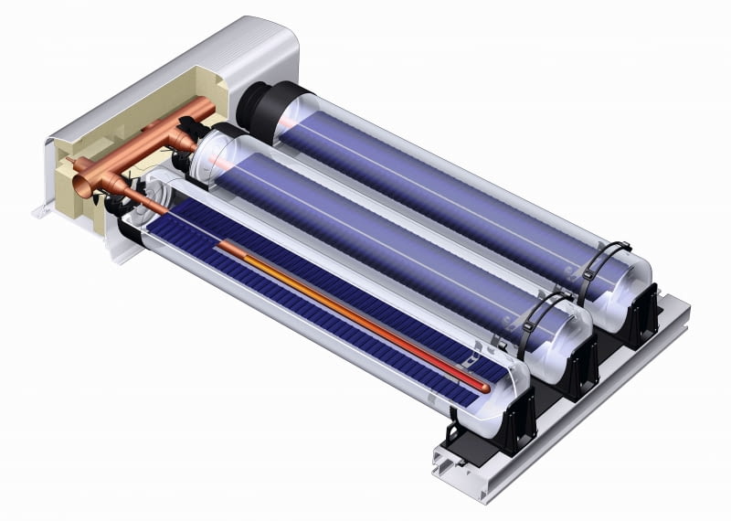 Próżniowy kolektor słoneczny składa się  z pojedynczych rur z powierzchniami absorbującymi, które można obracać wokół  osi i ustawiać optymalnie względem promieniowania słonecznego