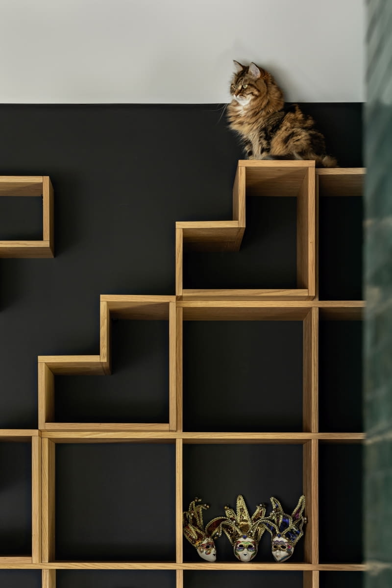 Zamiast typowych drapaków dla kotów projektantka zaproponowała schodkowy regał, który Rysiek i Iga – czworonożni przyjaciele domu – uznali za swoje ulubione miejsce do wędrówek i drzemek. Wykończony fornirem mebel mieści też książki i wakacyjne pamiątki. Zamiast typowych drapaków dla kotów projektantka zaproponowała schodkowy regał, który Rysiek i Iga – czworonożni przyjaciele domu – uznali za swoje ulubione miejsce do wędrówek i drzemek. Wykończony fornirem mebel mieści też książki i wakacyjne pamiątki.