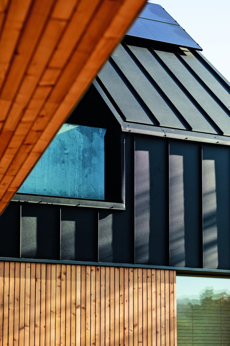 Ten budynek zaprojektowano, zestawiając ze sobą masywne „czapy" dachów pokrytych czarną  blachą na rąbek stojący, przechodzących w sekwencje z płyt ze spieków ceramicznych, z powierzchniami stworzonymi przez jasne, pionowo zorientowane deski z modrzewia syberyjskiego