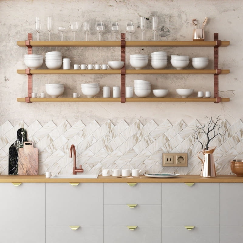 Półki w kuchni zamiast szafek wiszących