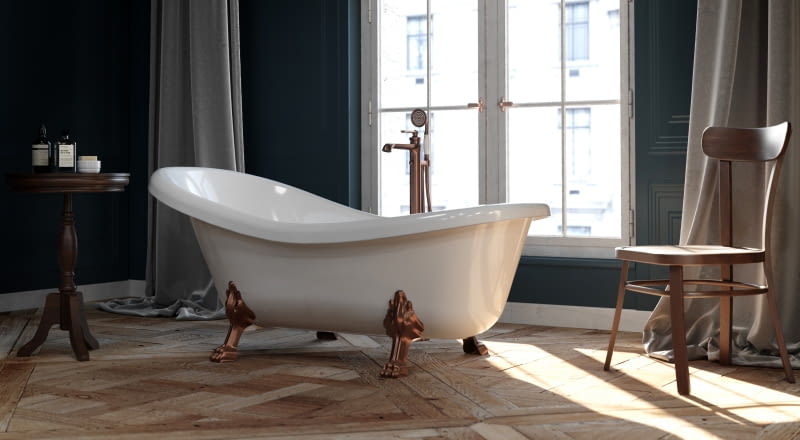 Łazienki w stylu vintage wyróżniają się niepowtarzalnym charakterem. Pasują tu stylowe baterie w kolorach miedzi, mosiądzu i różowego złota.