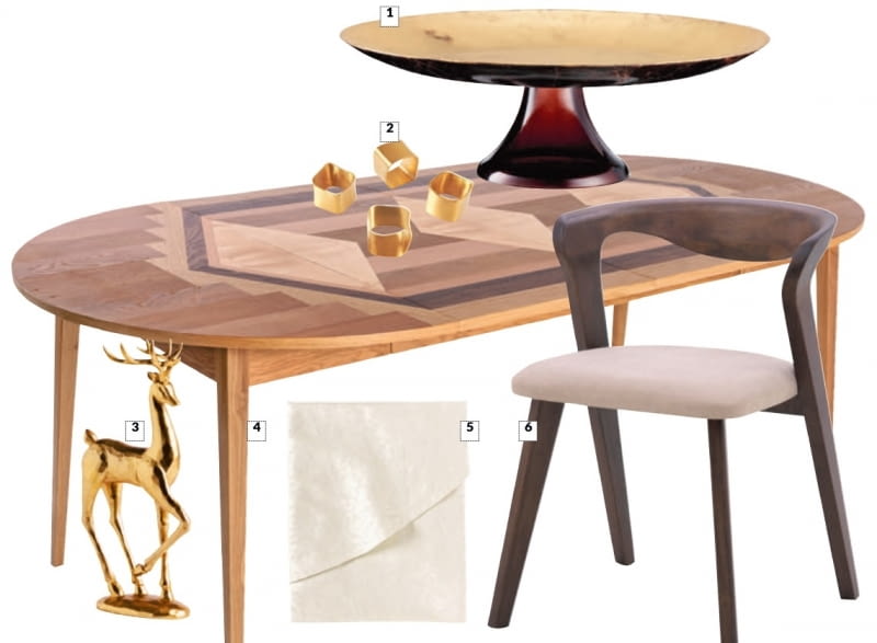 1. Patera Labaro, szkło, śr. 32 cm, 188 zł, villaitalia.pl 2. Obrączka na serwetkę Cuff, metal, 4 elem., 89,90 zł, westwing.pl 3. Figurka Ortono, masa żywiczna, 37 x 17,5 cm, 99,99 zł, home-you.com 4. Stół rozkładany Okrągły Puzzle II Kilim, drewno, 110-220 x 110 cm, wys. 77 cm, 7250 zł, woodandpaper.pl 5. Obrus Hollyn, bawełna, 140 x 250 cm, 319,90 zł, westwing.pl 6. Krzesło Imprevo, drewno i tkanina, 53 x 54 cm, wys. 73 cm, 549 zł, agatameble.pl