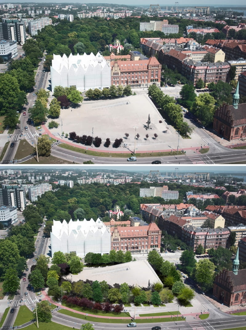 Centrum Dialogu Przełomy w Szczecinie. Punktowe zazielenienie, by nie tracić właściwości użytkowych placu, który służy tysiącom ludzi Centrum Dialogu Przełomy w Szczecinie. Punktowe zazielenienie, by nie tracić właściwości użytkowych placu, który służy tysiącom ludzi